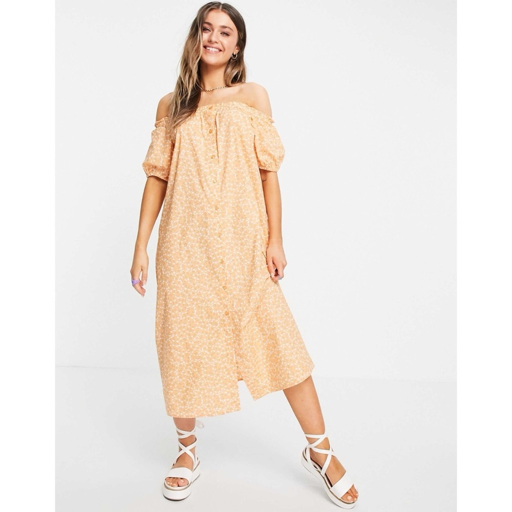 MONKI Noa Bardot Off Shoulder Dress Cotton  Puff Sleeves Button Front Midi Sz M